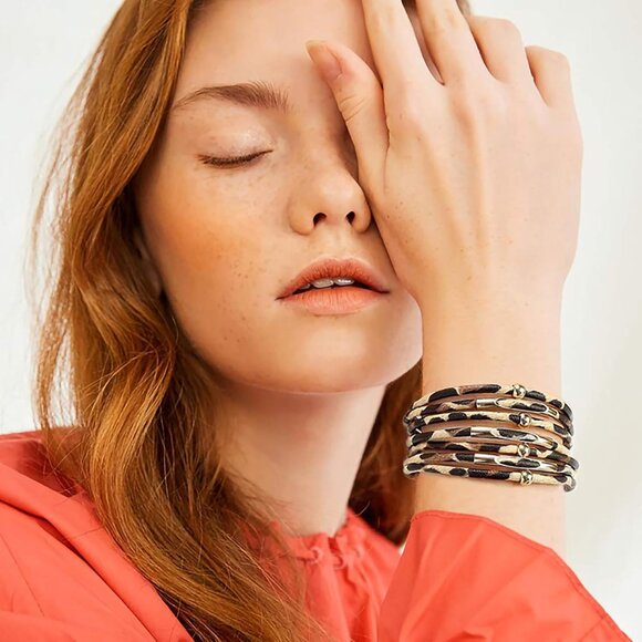 Leopard Bracelet for Women, Boho Leather Wrap Multi-Layer Pearl Crystal Bracelet - Picture 3 of 6